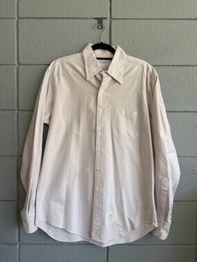 Thom Browne Men's Oxford Cotton Classic Shirt in Pink Grey Stripe size XXL